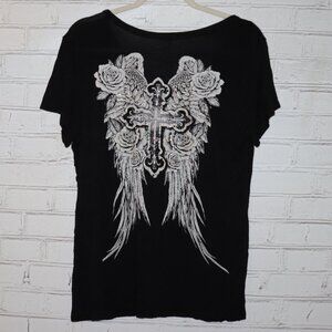🖤 Big Bang USA Graphic Tee – Cross, Wings & Roses – Women’s Medium